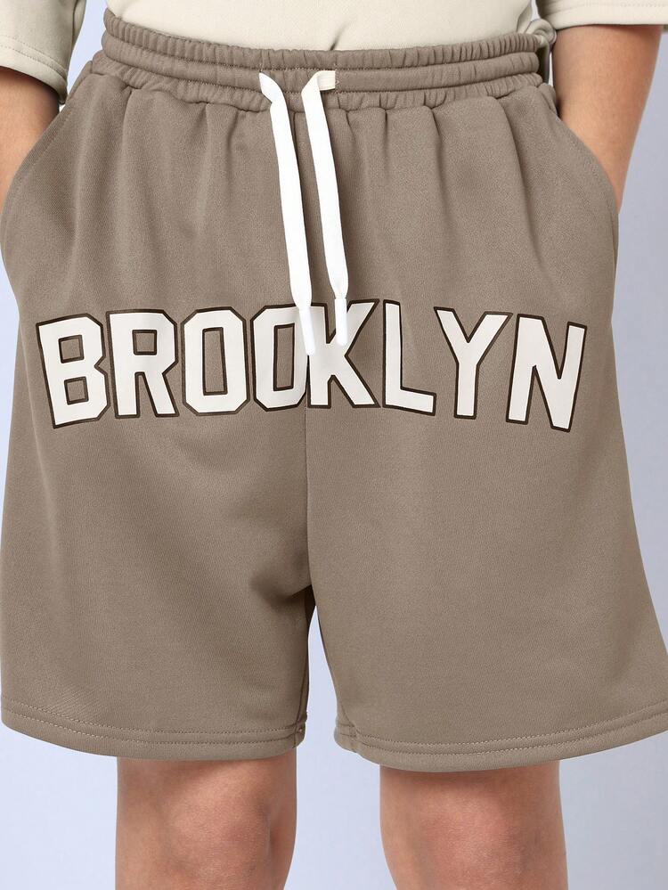 Oversized Crew Neck Tee And Cargo Shorts Two Piece Set With NYC Brooklyn Text Graphics