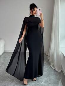 Elenzga Đầm đuôi cá ôm dáng, cổ áo voan mỏng, dây mảnh dành cho nữ. - màu đen - Xem 7
