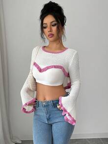 Elenzga Blusa de mujer de cuello redondo elegante de manga larga, adecuada para primavera y otoño - Rosa - Ver 6