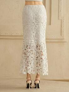 Arave 女士水溶性蕾丝针织设计蕾丝气质魅力优雅约会镂空半身裙白色秋季蕾丝半身裙女装半身裙 - 白色 - 查看 3