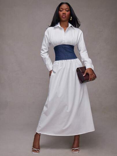 NYA SZN Dress Maxi Corset Detail Denim Modest Office Business Casual Event Everyday Wedding Brunch Office Holiday Gyaru Teacher Fall Winter Statement Carnival Striped Stripe Denim Outfits For Women