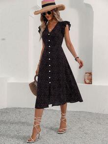 Balvessa 女士时尚V领系带腰身开衩下摆夏季度假连衣裙，新年服装，长款度假沙滩装 - 彩色 - 查看 3