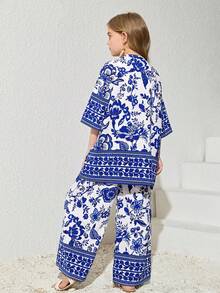 SHEIN Tween Girl 1pc Floral Print Kimono & 1pc Pants - Navy Blue - View 3