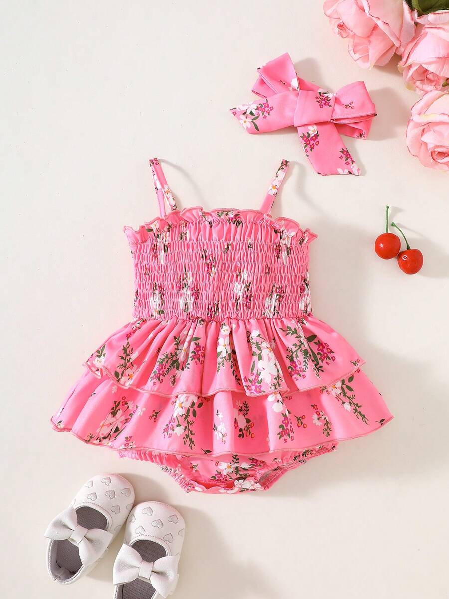 SHEIN Vintaside Kids BABYGIRL Summer Spaghetti Strap Romper With Ruffled Hem, Playful Design For Everyday Wear - Hot Pink - View 1