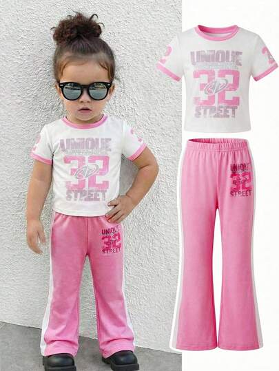 SHEIN Babygirl Cute Pink Letter Graphic Short Sleeve T-Shirt & Elastic Waist Pants Set, Summer