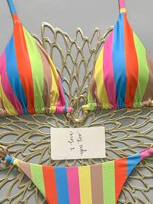 Swim Vcay 女士新款多色条纹吊带露背泳衣上装和高衩比基尼泳裤性感泳装套装 - 彩色 - 查看 7