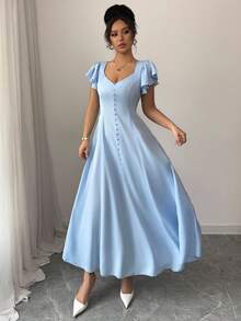 Chiquease Vestido ceñido y estilizado con escote corazón, manga de tapeta azul, apropiado para citas y vacaciones, primavera/verano 2025 - Azul - Ver 6