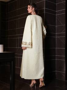 Al Najma 女士春夏杏色梭织纹理长袖亮片流苏下摆优雅浪漫土耳其长袍和阿拉伯传统长裙 - 杏色 - 查看 2