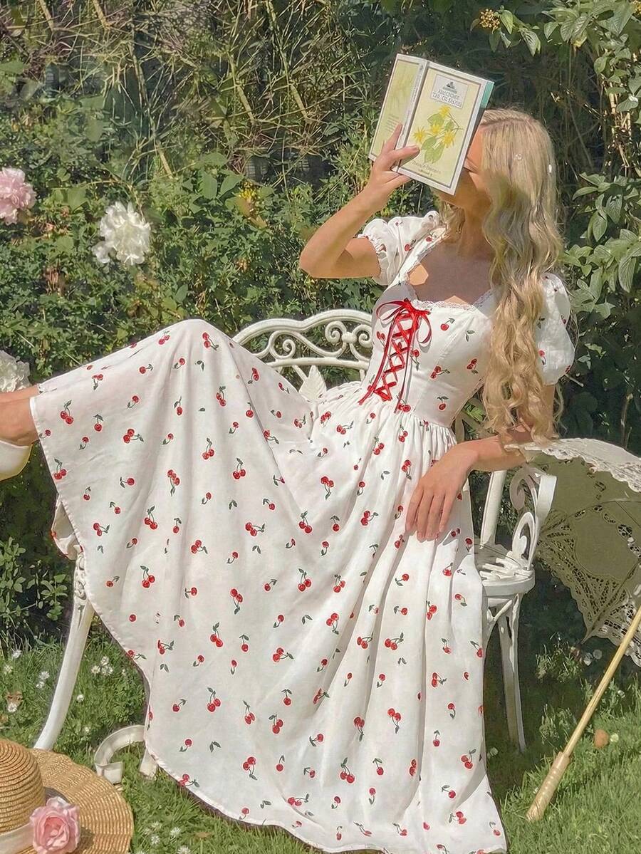 Elenzga Cherry Print Criss-Cross Tie Waist Petal Sleeve Casual Vacation Dress - White - View 1