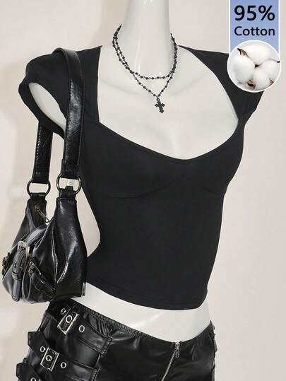 SHEIN ICON Camiseta sin espalda con cuello de corazón 95% algodón negro para mujer - Genz, Cita, Festival Occidental, Transpirable Retro Y2K Ropa de calle, Perfecta para primavera y verano, Club, Gimnasio, Festivales y uso diario