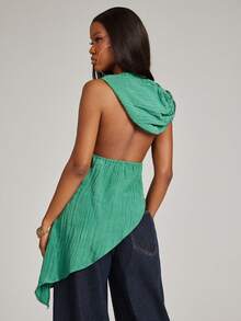 NYA SZN 女士纯色不对称下摆时尚连帽吊带上衣 - 綠色 - 查看 2