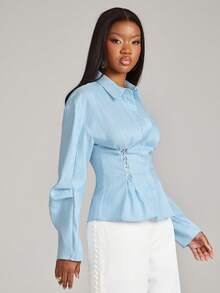 NYA SZN Top Long Sleeve Collared Balloon Sleeve Lace Up Front Corset Details Sexy Easter St. Patricks Day Brunch Casual Everyday Going Out Party Special Occasion Travel Vacation Office Siren Western Country Date Night Elegant Luxury Outfits For Women - Blue - View 7