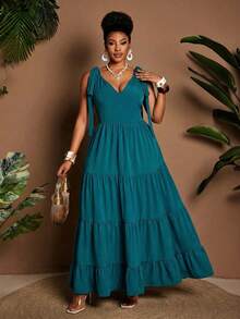 Maweii 大码女式夏季休闲连衣裙，优雅绿色沙滩度假连衣裙 - 綠色 - 查看 5