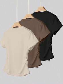 Resyla 3件套女士夏季户外休闲上衣，杏色、卡其色、黑色修身T恤 - 彩色 - 查看 2