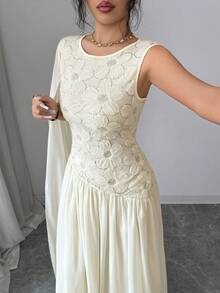 Elenzga Đầm nữ cổ tròn đính sequin phối nhiều lớp, kiểu dáng thanh lịch. - Màu be - Xem 4