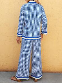 Vaclyn 女士度假休闲格子衬衫和裤子两件套 - 杏色 - 查看 2