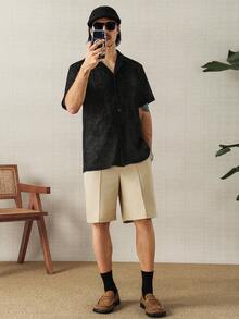 HUEFORM Men's Lace Short Sleeve Shirt, Suitable For Dating, Casual Wear, Vacation, And Daily Commute - Black - View 6