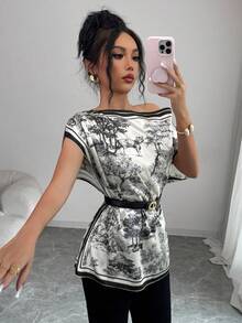 Elenzga 女士优雅水墨图案印花不对称领蝙蝠袖宽松衬衫 - 黑與白 - 查看 5