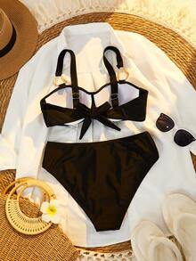Swim Chiccia Conjunto de biquíni feminino de cor sólida com alças grossas, top e calcinha, ideal para férias de verão na praia. - Preto - Ver 4