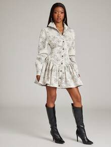 NYA SZN Women's Floral Print Single-Breasted Long Sleeve Ruffle Hem Denim Dress - Multicolor - View 6