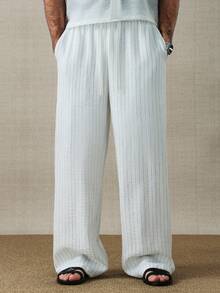 HUEFORM 男士抽绳腰带口袋直筒宽松条纹裤，适合返校季和春夏穿着 - 白色 - 查看 4