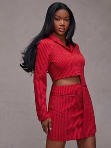 NYA SZN Matching Sets Top And Skirt Long Sleeve Collared Mandarin High Low Hem Cool Girl Streetweat Street Style Pocket Mini Length Statement Easter St. Patricks Day Brunch Casual Everyday Going Out Party Special Occasion Travel Vacation Office Siren Western Country Date Night Elegant Luxury Outfits For Women - Red - View 5