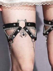 ROMWE 2pcs Women's Black Crystal Spider Accessory Chain Decor Gothic Leg Garter Shorts, Versatile For Halloween & Daily Wear - Black Cat Head Spider Cross Leg Ring - View 2
