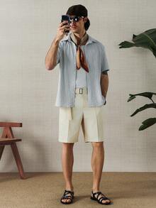 HUEFORM 男士休闲精致通勤及日常竖条纹短袖衬衫 - 白色 - 查看 3