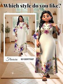 SHEIN Lady Váy Maxi Nữ Họa Tiết Hoa Và Truyện Tranh Thường Ngày 2025 Mùa Xuân Và Mùa Hè Kiểu Dáng Mới Váy Cỡ Lớn - Nhiều màu - Xem 7