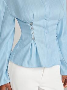 NYA SZN Top Long Sleeve Collared Balloon Sleeve Lace Up Front Corset Details Sexy Easter St. Patricks Day Brunch Casual Everyday Going Out Party Special Occasion Travel Vacation Office Siren Western Country Date Night Elegant Luxury Outfits For Women - Blue - View 6