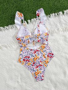 Swim Mod Sexy Floral Ruffled Hollow-Out Backless One-Piece Swimsuit For Women, Summer Vacation - Multicolor - View 5