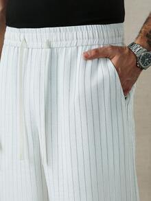 HUEFORM 男士抽绳腰带口袋直筒宽松条纹裤，适合返校季和春夏穿着 - 白色 - 查看 7