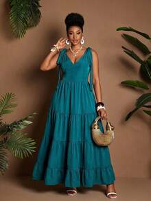 Maweii 大码女式夏季休闲连衣裙，优雅绿色沙滩度假连衣裙 - 綠色 - 查看 3