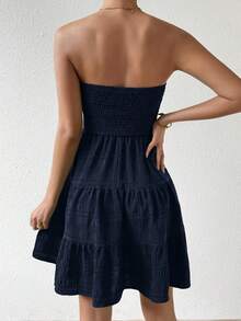 Chiquease Vestido de verano sencillo en A con dobladillo de varias capas sin tirantes, diseño simple - Azul Marino - Ver 2