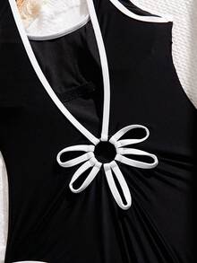 Swim SPRTY Women's Summer Beach Vacation Contrast Trim Wide Strap Backless One-Piece Swimsuit - Black and White - View 8