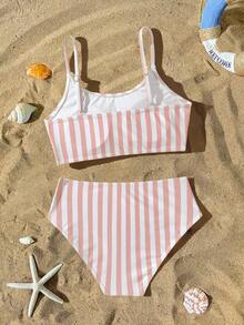 Sparklyn Teen Girls Bikini Sets,Teen Girl Swimsuit Set, Casual, Vacation Style, Pink Swimsuit, Striped Knit Fabric, Backless Straps, Two Pieces Set, Strappy Top With Triangle Underwear, Stylish, Casual, Exquisite, Elegant, And Ladylike, Suitable For Swimming, Summer Vacation, Beach, Seaside, Pool, Swimming Pool, Summer Party, And Leisure Vacation - Pink - View 2