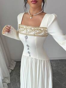 Elenzga Women's Square Neck Sequin Trim Long Sleeve Cinched Waist Top & Pleated Midi Skirt 2-Piece Set - Apricot - View 5