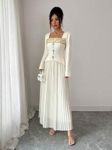 Elenzga Women's Square Neck Sequin Trim Long Sleeve Cinched Waist Top & Pleated Midi Skirt 2-Piece Set - Apricot - View 6