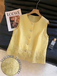 Airaco Damen Lässig einfarbiges Trägershirt mit Knopfleiste, Sommer - Hellgelb - Übersicht 1