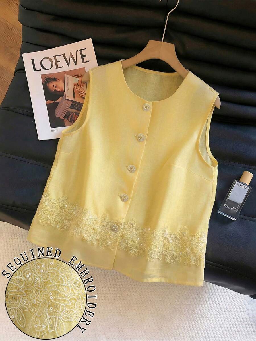 Airaco Damen Lässig einfarbiges Trägershirt mit Knopfleiste, Sommer - Hellgelb - Übersicht 1