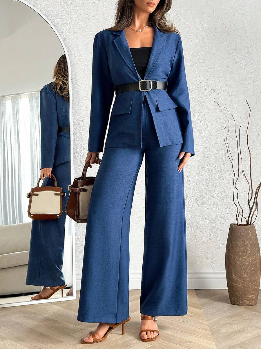 EURMUSE 女士两件套系带西装外套和阔腿裤套装，仿牛仔面料 - 寶藍色 - 查看 1