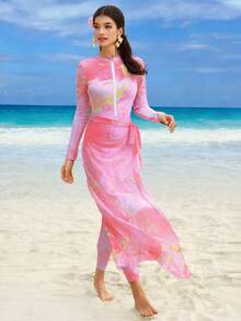 Swim Shayni 三件套：扎染印花高领长袖拉链泳衣、泳裤和网纱长裙，适合春夏、中东、海滩、邮轮、度假等场合。 - 彩色 - 查看 7