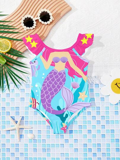 SHEIN 可爱卡通美人鱼印花，女婴休闲简约修身连体泳衣，适合夏季穿着