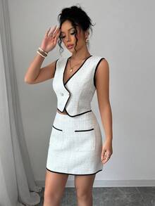 Elenzga 情人节/婚礼优雅通勤风粗花呢撞色滚边无袖上衣+双口袋半裙两件套 - 杏色 - 查看 2