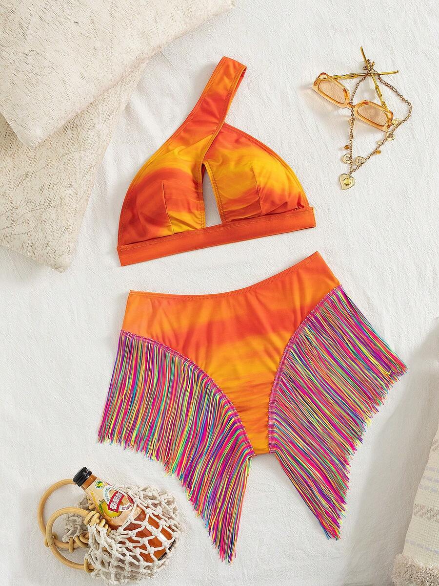 SHEIN Swim Ombre Asymmetrical Shoulder Bikini High Waist Tassel Thong Swimwear Set, Sexy Vacation - Orange - View 1