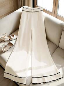 Franclia 米色喇叭裤，黑色波浪边饰 / 高腰复古通勤裤，配宽腰带，日常百搭 - 杏色 - 查看 2