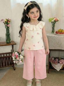 SHEIN 女童碎花荷叶边上衣和阔腿裤可爱两件套 - 彩色 - 查看 1