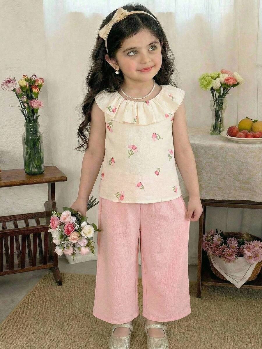 SHEIN 女童碎花荷叶边上衣和阔腿裤可爱两件套 - 彩色 - 查看 1