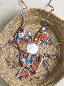 Bonvoyette Traje de baño de mujer con estampado de olas y arrecifes, combinado con un conjunto de bikini sexy con halter de gran concha brillante - Multicolor - Ver 3