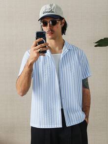 HUEFORM Men's Striped Short Sleeve Button-Front Casual Shirt, Textured Fabric, Summer - Blue - View 1